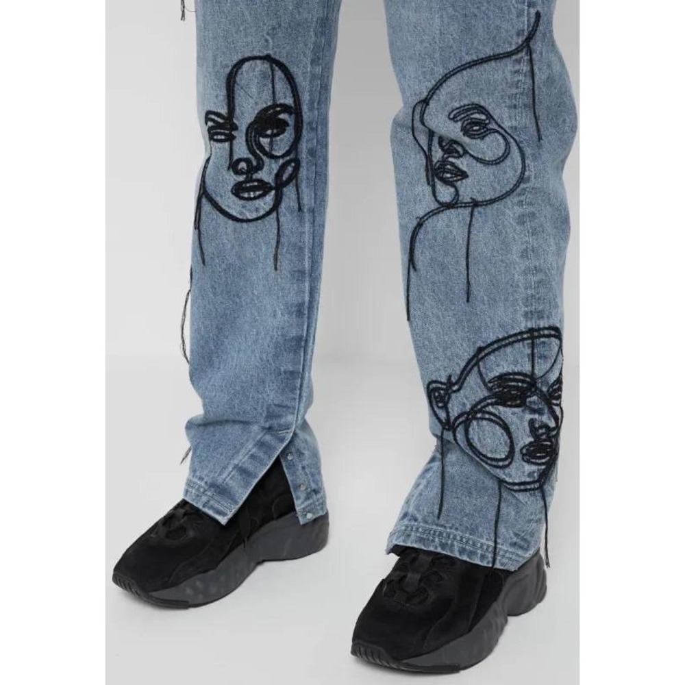 Maniere De Voir Line Art Mom Jeans Blue Embroidered Face Denim Pants Size 6 - Picture 2 of 14
